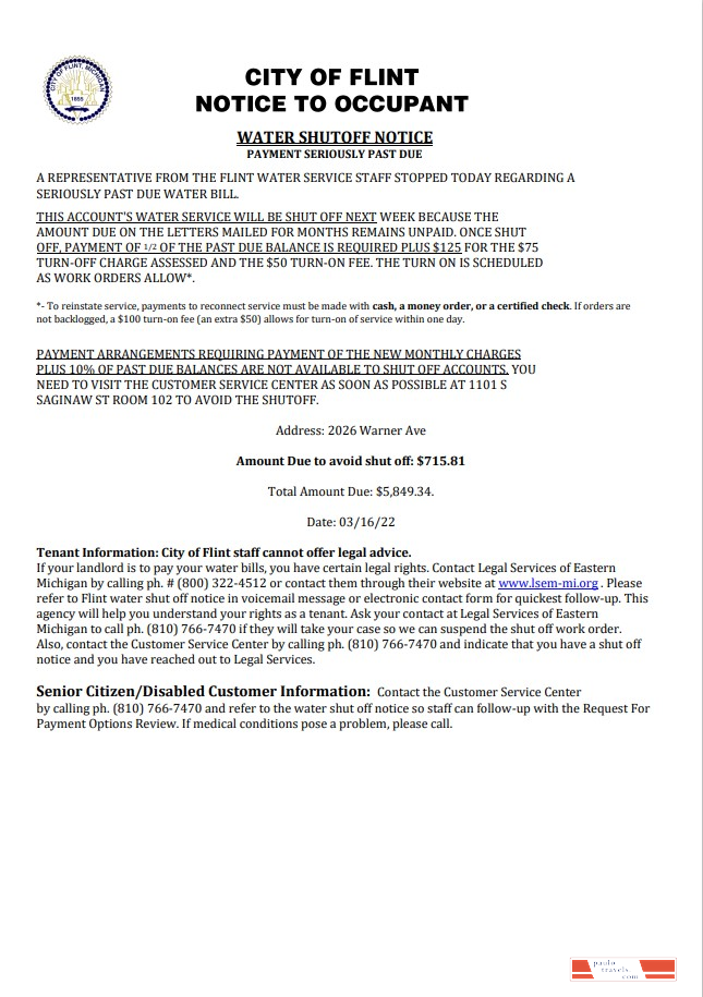 USA City of Flint Michigan Notice to occupant water utility bill shutoff notice, Word and PDF template